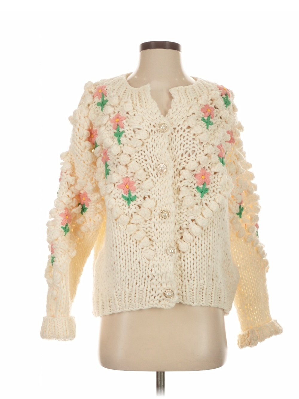 Bluivy Cream Knit Floral Bobble Cardigan